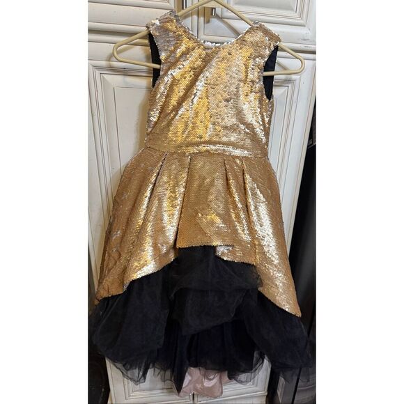 Custom Made Girls Sequined Sleeveless Tulle Hi-Low Dress Gold Black Size 5-6 - Picture 1 of 13